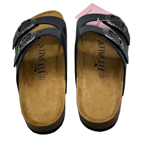 Fitvalen Women Size 7 Achim Navy Flat Cork Foot Twin Buckle Slide Sandal‎ NEW - Picture 2 of 10